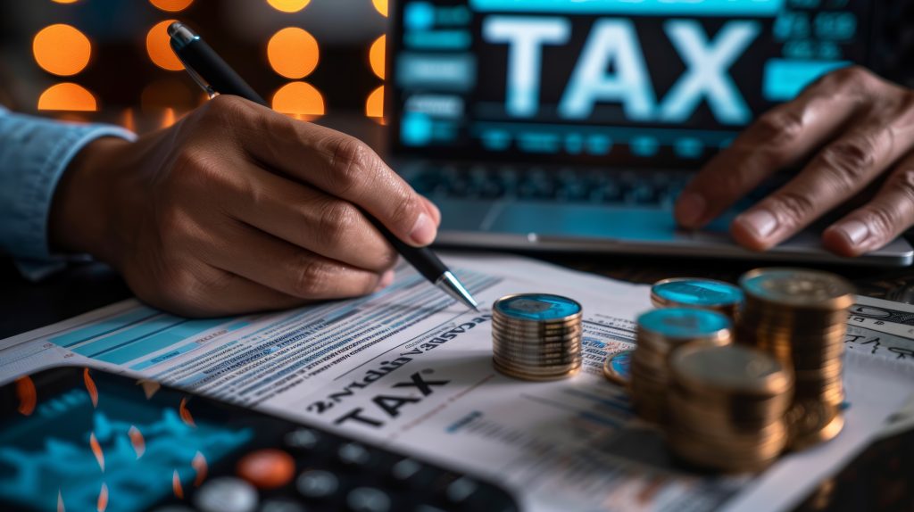 Uma pessoa trabalhando em papéis relacionados a impostos e uma calculadora, com um laptop exibindo a palavra 'IMPOSTO' ao fundo. Essa dedicação visa a Redução de Tributos.