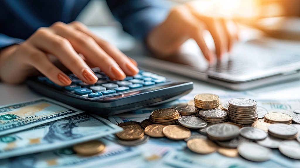 Um close-up das mãos de uma pessoa usando uma calculadora com várias moedas espalhadas sobre uma mesa ou escrivaninha. Uma cena comum na busca por Restituição e compensação tributária para varejistas.