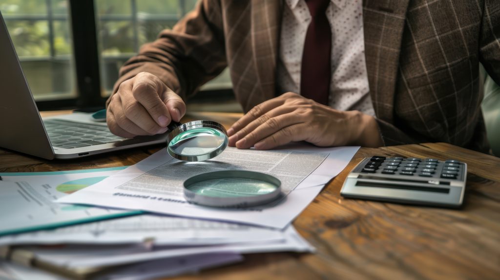 Um empresário de terno examinando documentos em sua mesa com uma lupa, com uma calculadora e outros materiais de escritório visíveis, tudo parte da Auditoria fiscal e tributária.