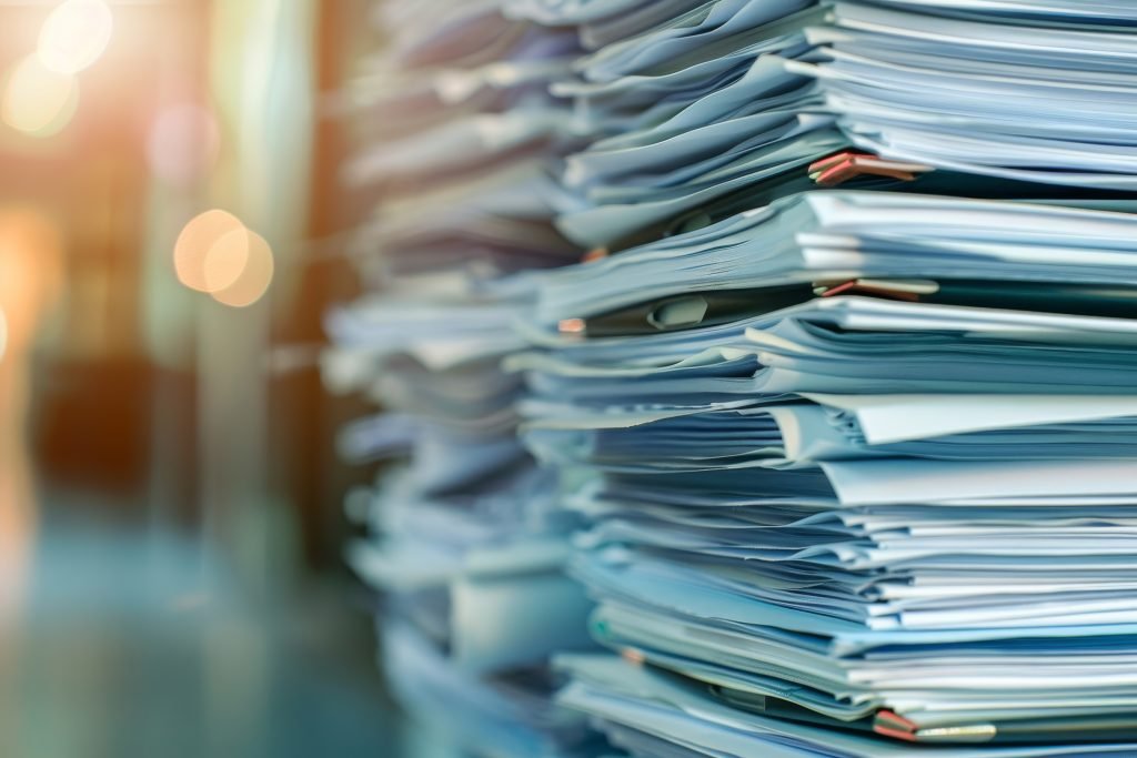 Pilhas de papelada e documentos em um ambiente de escritório, evidenciando a necessidade de uma Auditoria fiscal e tributária.