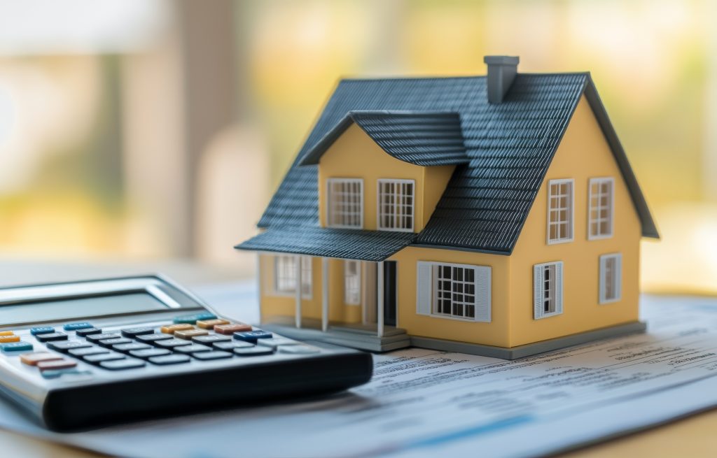 Um pequeno modelo de casa amarela com telhado preto, colocado em cima de documentos financeiros e uma calculadora, sugerindo conceitos imobiliários ou de financiamento imobiliário, que envolvem o Pagamento de taxas.