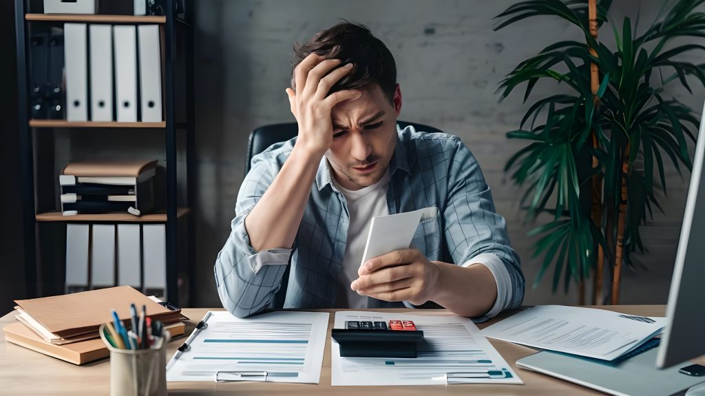 Um jovem de cabelos curtos e escuros sentado à mesa, aparentando estresse enquanto usa um smartphone, cercado por documentos e uma calculadora. Essa situação pode ser causada pelo Pagamento indevido ou a maior de impostos.
