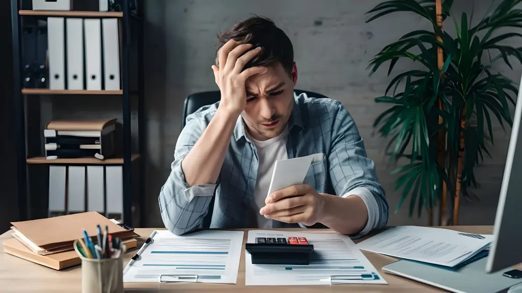 Um jovem de cabelos curtos e escuros sentado à mesa, aparentando estresse enquanto usa um smartphone, cercado por documentos e uma calculadora. Essa situação pode ser causada pelo Pagamento indevido ou a maior de impostos.