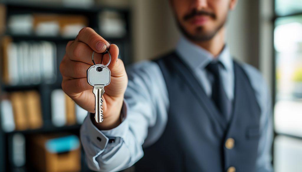 Um homem de meia-idade em um terno segurando uma chave de casa. Isso pode remeter a transações imobiliárias complexas, onde pode ocorrer Pagamento indevido ou a maior de impostos.