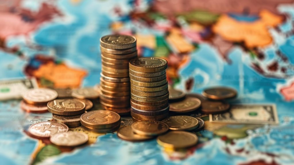 Montes de moedas de ouro sobre um fundo de mapa colorido, representando finanças e investimentos globais. Essa imagem pode ilustrar o sucesso da Redução de tributos na expansão internacional de empresas de tecnologia.