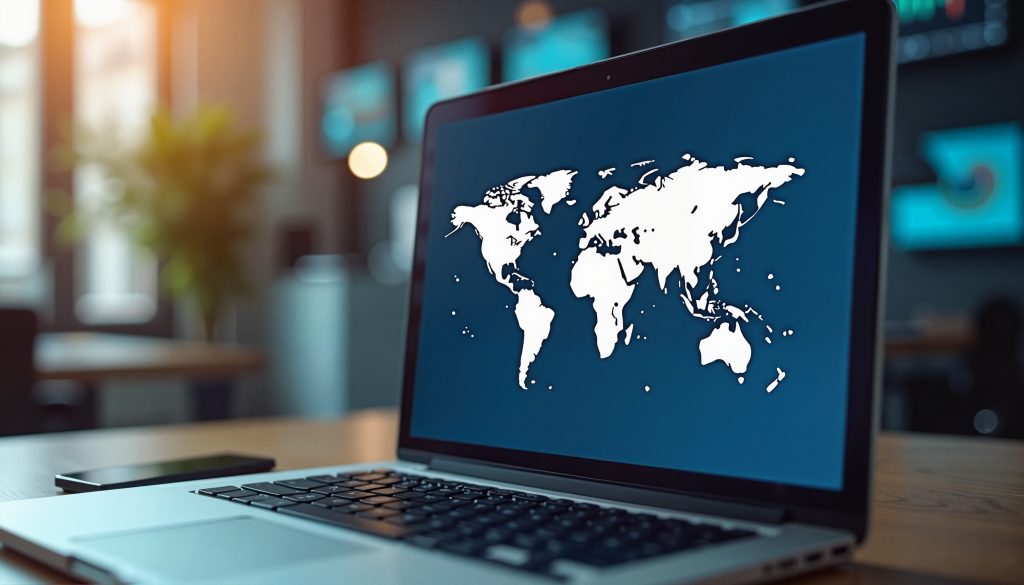 Um laptop exibindo um mapa-múndi na tela, com um fundo desfocado de ambiente de escritório, ilustrando o desafio da Redução de tributos na expansão internacional de empresas de tecnologia.