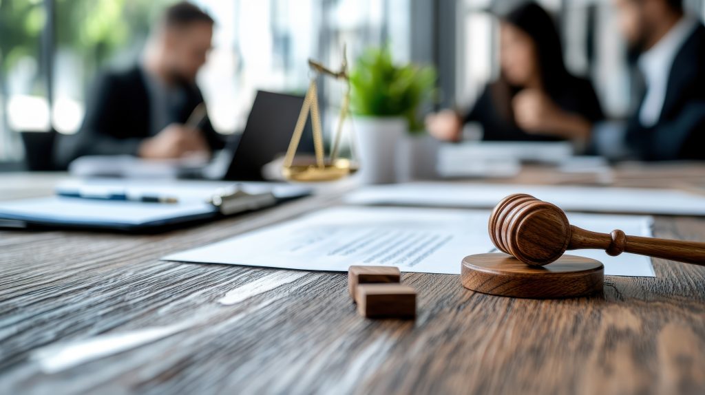 Um martelo de madeira e um bloco sobre uma mesa em um escritório de advocacia, com pessoas trabalhando desfocadas ao fundo. Símbolo da Advocacia para empresas de varejo e suas questões legais.