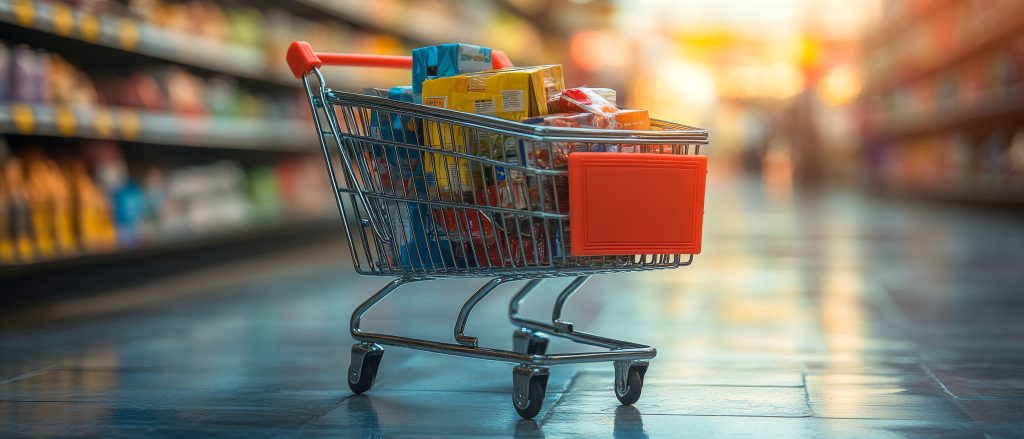 Um carrinho de compras cheio de vários itens de mercearia, incluindo produtos enlatados, salgadinhos e outros produtos domésticos, em um fundo desfocado, representando o dia a dia do setor onde a Consultoria jurídica para varejo é essencial.