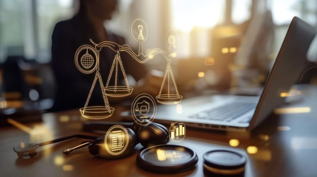 Uma balança de bronze da justiça sobre uma mesa de madeira com um laptop, calculadora e outros materiais de escritório ao fundo, sugerindo um ambiente legal ou financeiro. Essa cena representa o trabalho de Consultoria jurídica para varejo.