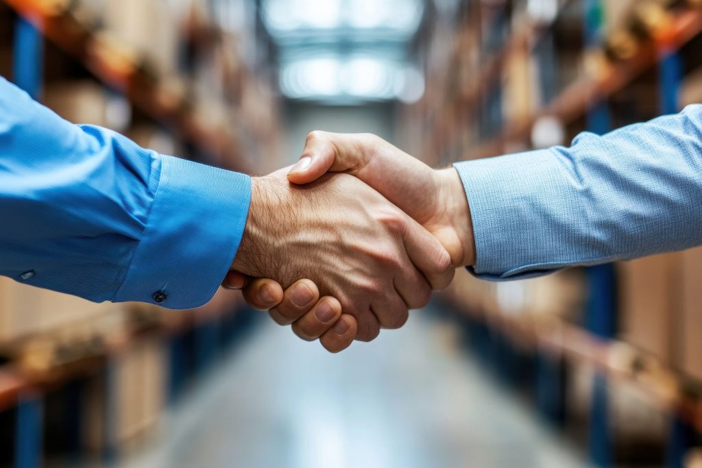 Dois empresários de terno apertando as mãos em um ambiente de escritório.
