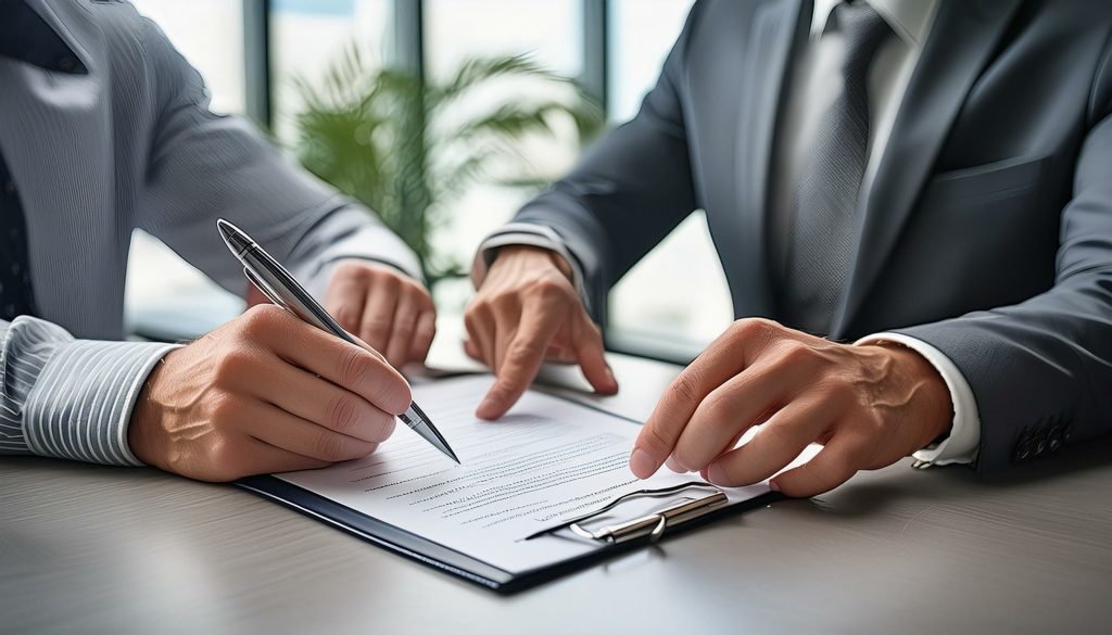 Um empresário de terno assinando um documento em uma mesa com uma caneta, ato fundamental na Consultoria jurídica para varejo.