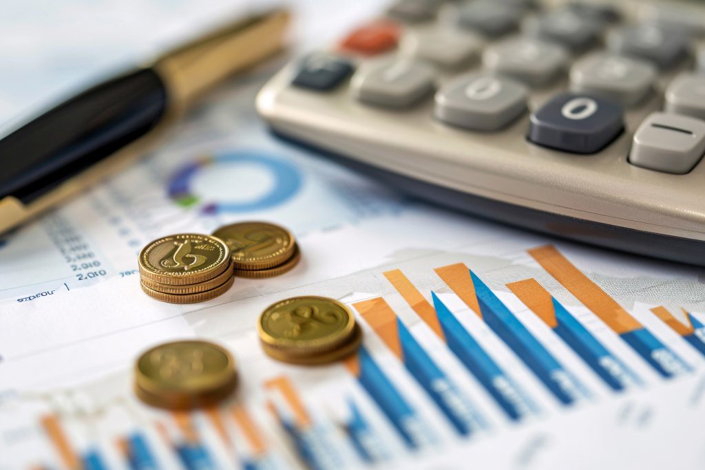 Uma visão em close de uma calculadora, moedas e gráficos financeiros sobre uma mesa, sugerindo um conceito financeiro ou contábil que se relaciona diretamente com a Contribuição tributária.