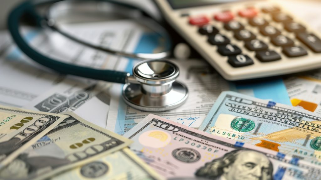 Um estetoscópio, uma calculadora e notas de dólar americano sobre uma mesa, sugerindo os custos e os aspectos financeiros dos cuidados de saúde, os quais muitas vezes envolvem a Contribuição tributária.