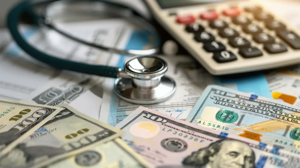 Um estetoscópio, uma calculadora e notas de dólar americano sobre uma mesa, sugerindo os custos e os aspectos financeiros dos cuidados de saúde, os quais muitas vezes envolvem a Contribuição tributária.