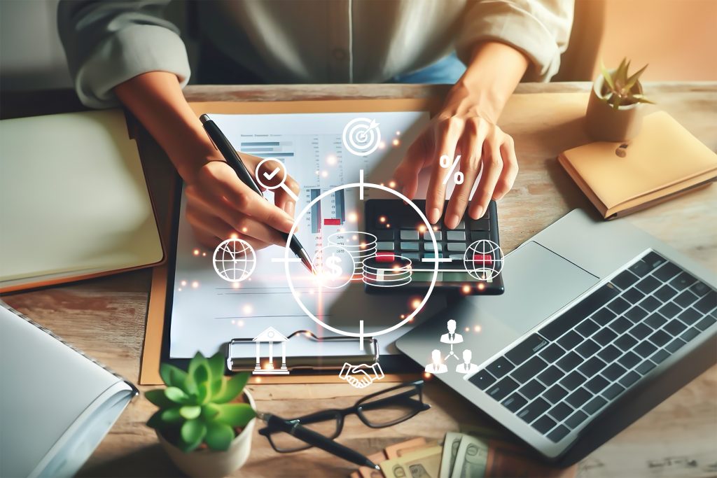 As mãos de uma pessoa usando um tablet digital com vários ícones de tecnologia e segurança exibidos na tela, cercados por um laptop, planta e outros materiais de escritório