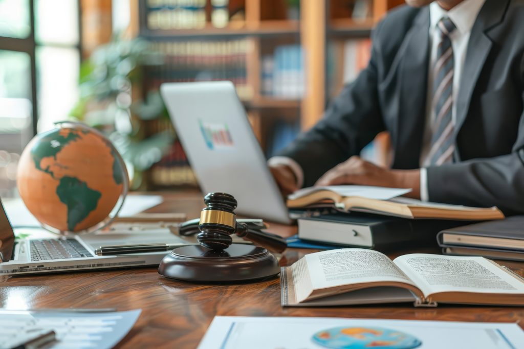 Um homem de meia-idade, de terno, está trabalhando concentrado em uma mesa com um laptop, livros e um martelo em primeiro plano. Essa cena ilustra o ambiente de trabalho onde se lida com o Direito empresarial para varejo.