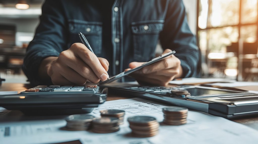 As mãos de uma pessoa contando moedas em uma mesa, com uma caneta e uma calculadora visíveis