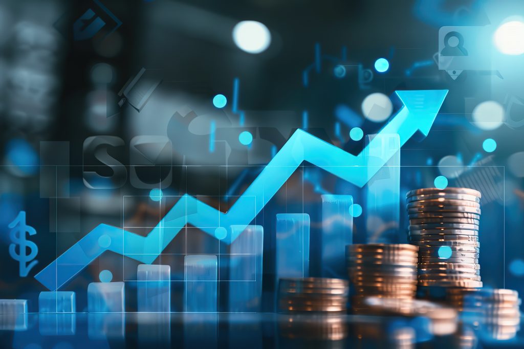 Gráfico azul ascendente sobre fundo financeiro com moedas e luzes. Representa crescimento e sucesso, muitas vezes impulsionado pela Redução de impostos.