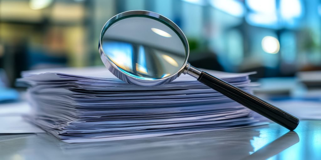Lupa sobre pilha de documentos, simbolizando análise detalhada. Essencial para identificar Estratégias de otimização tributária em registros.