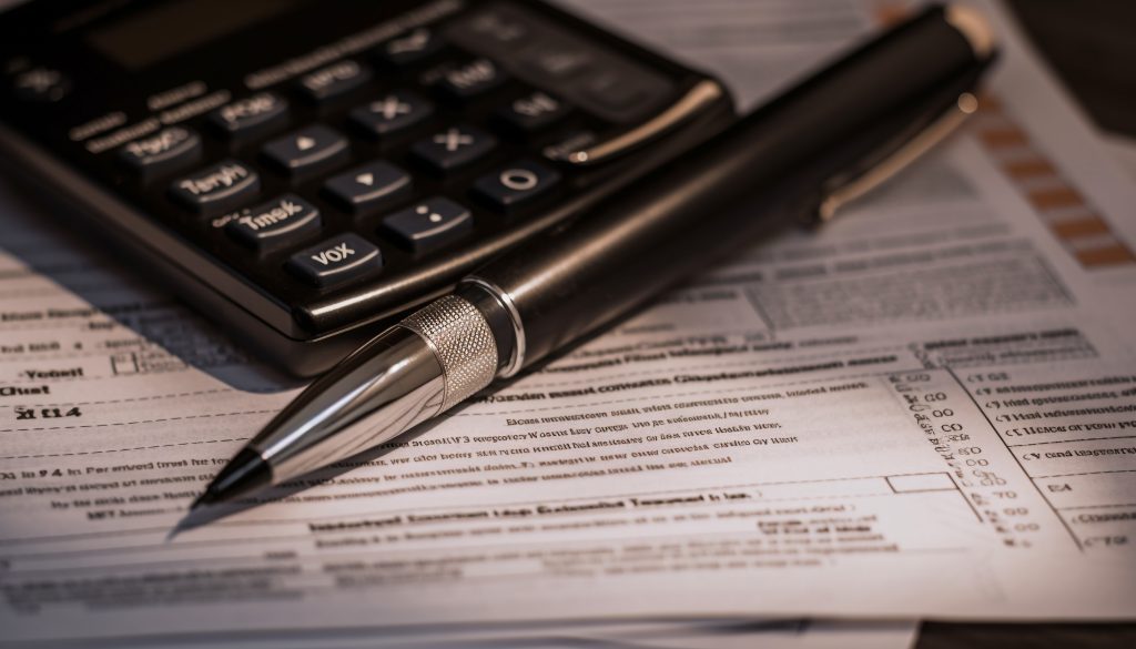 Uma calculadora preta e uma caneta prateada são colocadas sobre várias folhas de documentos impressos, que incluem texto e números, sugerindo um contexto financeiro ou administrativo. Cena ilustra a complexidade da Legislação tributária e seus cálculos.