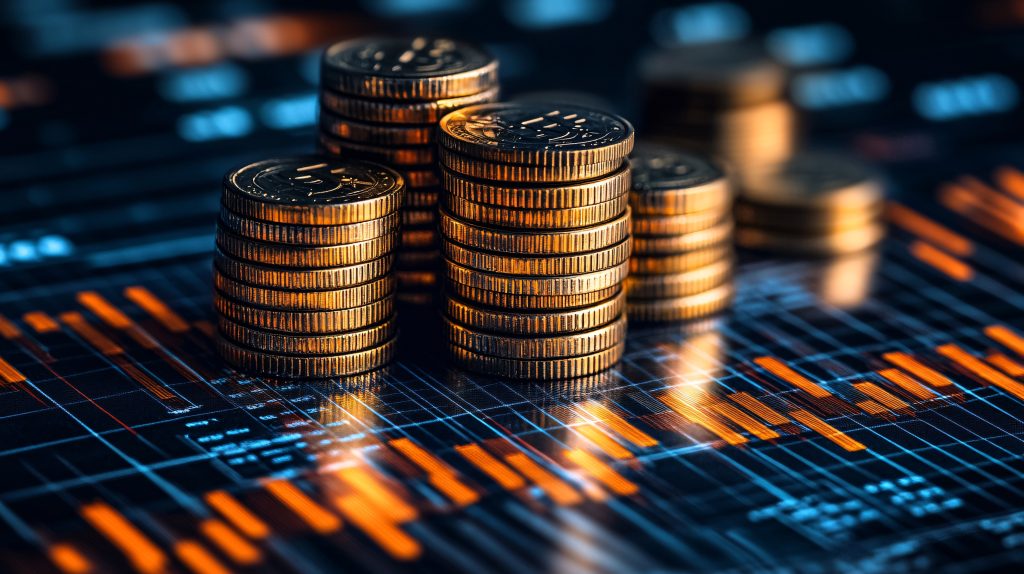 Pilhas de moedas em um fundo de gráfico financeiro, representando investimento, finanças e riqueza.