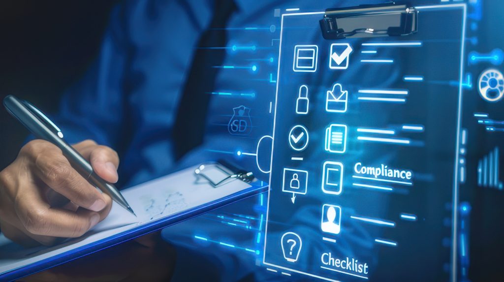 Mão escrevendo em prancheta digital com checklist de "Compliance" brilhante ao lado. Ilustra a gestão e o Compliance no setor varejista de forma moderna.