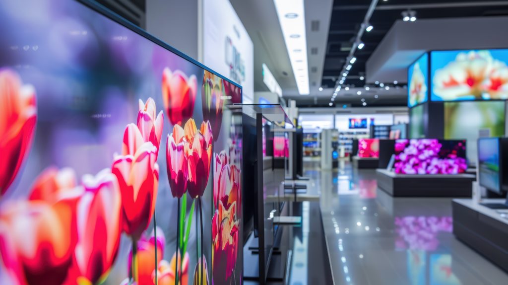 Televisores modernos em exposição numa loja de eletrônicos. Este ambiente exemplifica a importância do Compliance no setor varejista para operar dentro das normas.