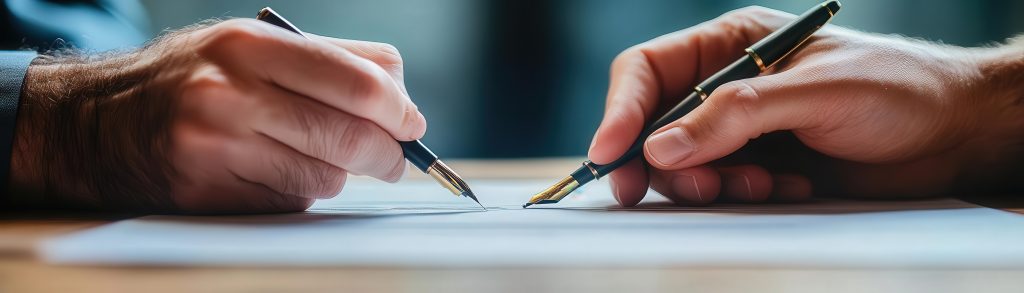 Duas mãos assinando um documento com canetas de tinta. Representa a formalização de Contratos comerciais para varejo e acordos de negócios.