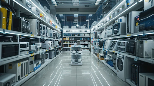 Interior de uma loja de eletrônicos moderna, com prateleiras repletas de produtos. Ambiente onde podem surgir Litígios no setor varejista, exigindo atenção legal.