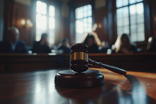 Martelo de juiz sobre a mesa em um tribunal, com pessoas ao fundo. Símbolo de decisões em Litígios no setor varejista e outras disputas legais.
