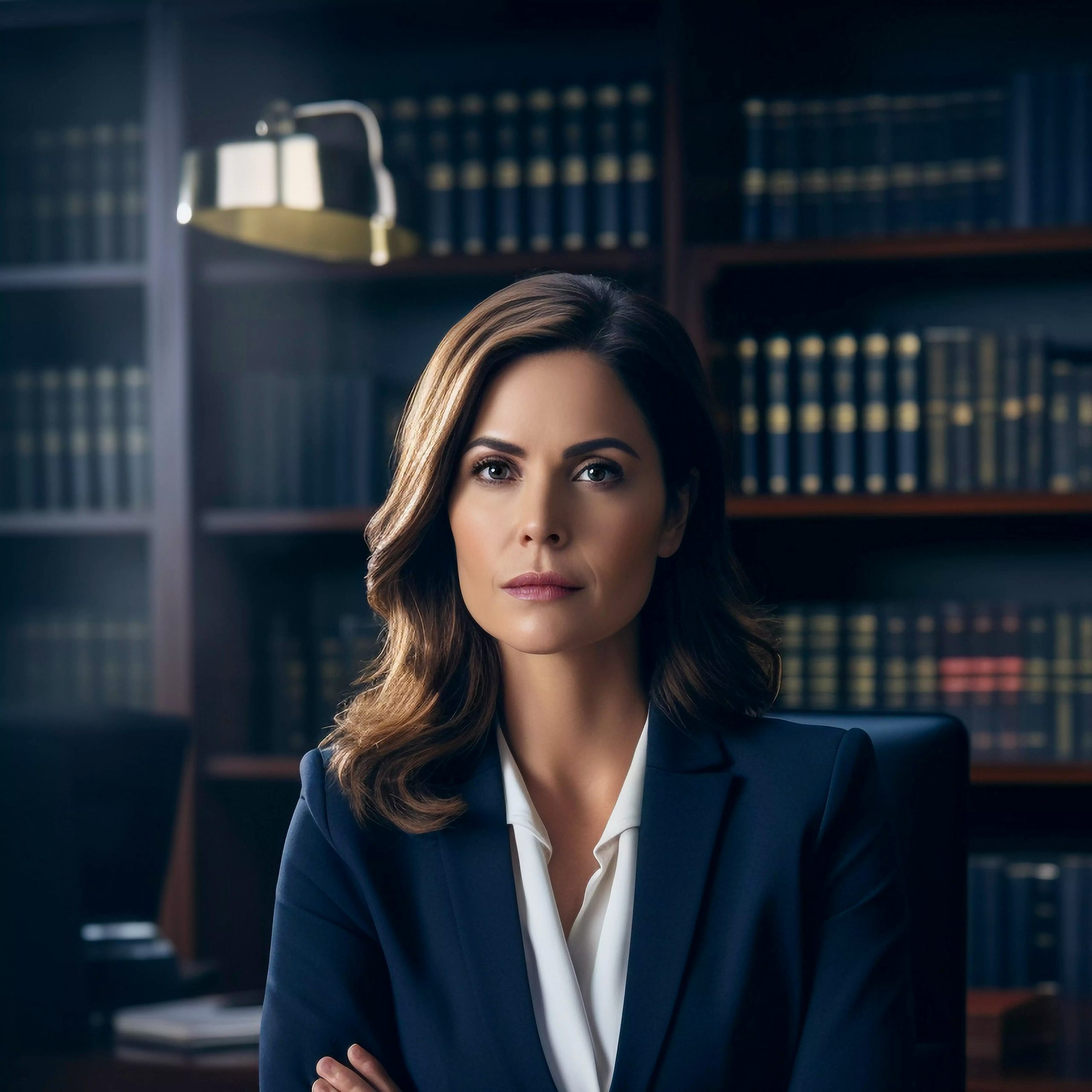 Uma mulher está sentada em um escritório com estantes de livros ao fundo, vestindo um blazer azul-marinho e uma blusa branca. Sua expressão é séria e confiante, com os braços cruzados, transmitindo uma imagem de competência, ideal para representar advogados especializados em varejo.