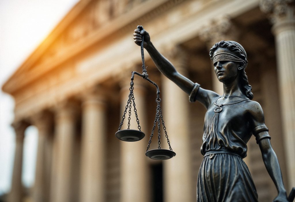 A estátua da Justiça, com os olhos vendados e segurando uma balança, é retratada em primeiro plano com um prédio imponente de estilo clássico ao fundo. A luz do sol atinge a lateral da estátua, criando um contraste e destacando a importância da imparcialidade. A imagem simboliza a busca pela equidade e a necessidade de uma Análise de impactos legislativos para garantir a justiça.