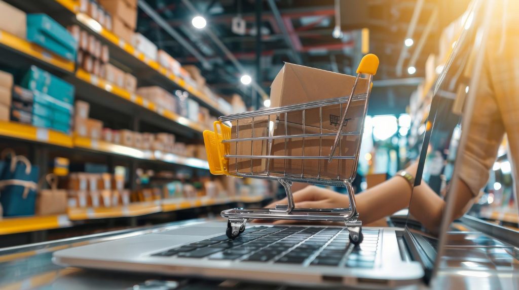 Carrinho de compras em miniatura sobre teclado de notebook em um centro de distribuição, representando práticas de compliance no varejo e a integração entre logística e tecnologia.