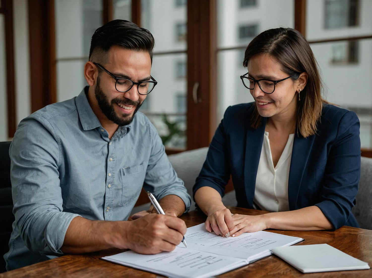 Um homem com barba e uma mulher, ambos sorridentes, estão em uma mesa de madeira. O homem segura uma caneta e assina um documento, enquanto a mulher, com a mão em seu braço, o acompanha. A cena transmite a finalização de contratos comerciais de forma colaborativa e positiva.