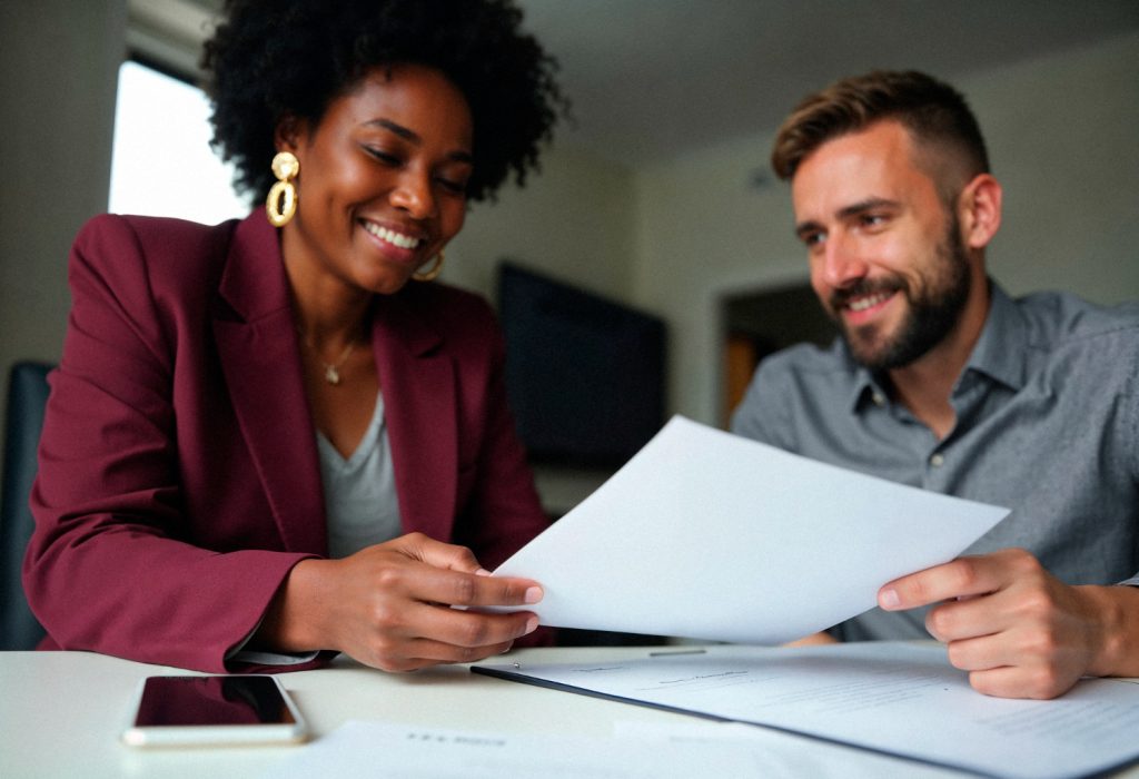 Uma mulher de blazer sorridente e um homem com barba estão juntos em uma mesa de escritório, analisando um documento em mãos. A cena sugere que eles estão discutindo ou finalizando contratos PJ.