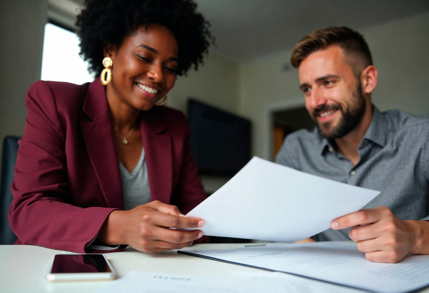 Uma mulher de blazer sorridente e um homem com barba estão juntos em uma mesa de escritório, analisando um documento em mãos. A cena sugere que eles estão discutindo ou finalizando contratos PJ.