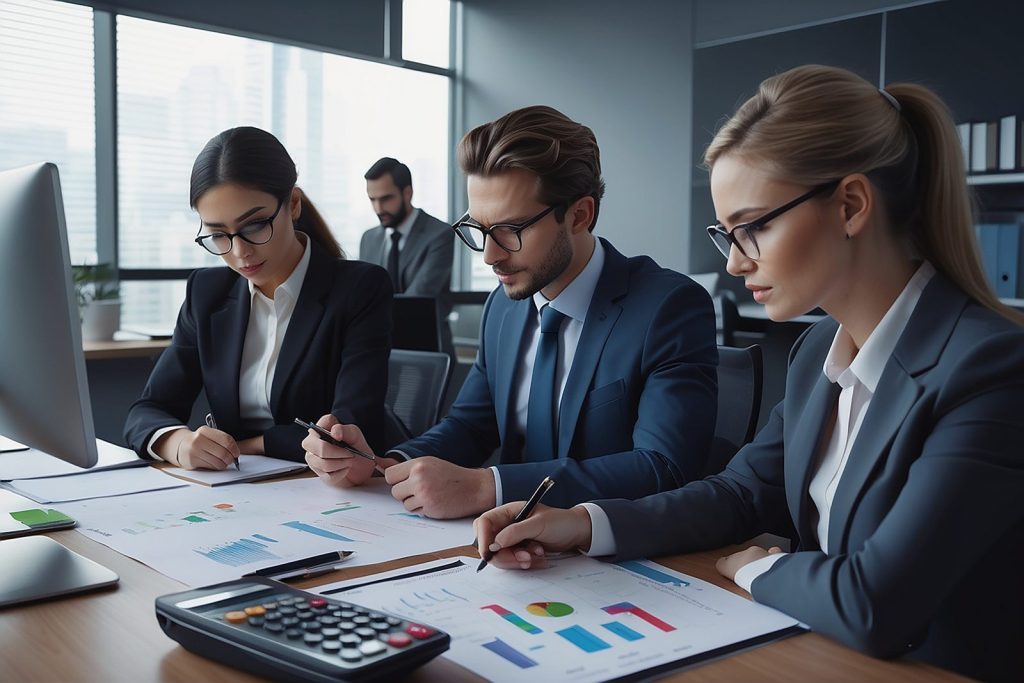 Equipe jurídica analisando e verificando gráficos e relatórios de contabilidade em uma reunião.