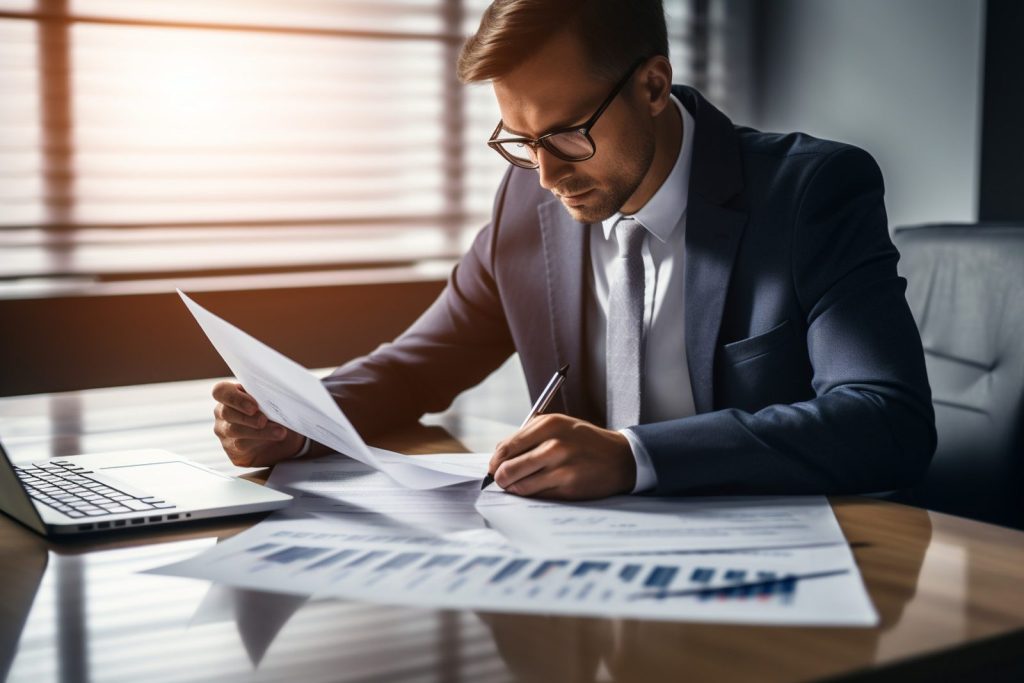 Homem de terno, com óculos, tomando notas e revisando documentos financeiros e gráficos sobre uma mesa. A imagem foca na meticulosa gestão de riscos fiscais.