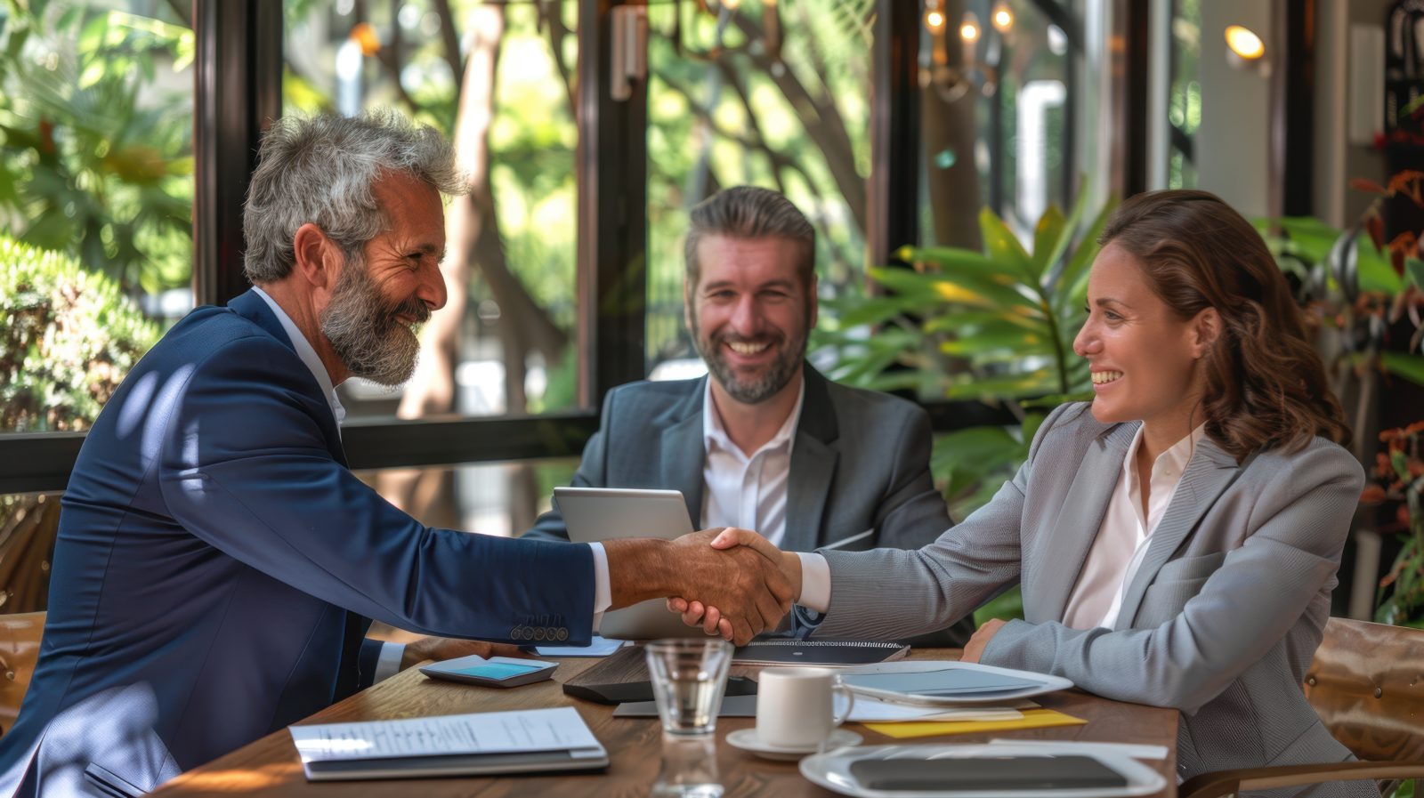 Executivos em trajes sociais apertam as mãos à mesa, celebrando o sucesso da negociação com credores em ambiente iluminado.