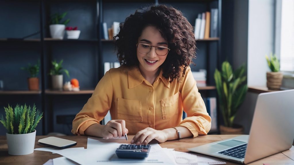 Mulher utiliza calculadora e papéis para organizar o pagamento das obrigações legais trabalhistas da empresa na mesa.