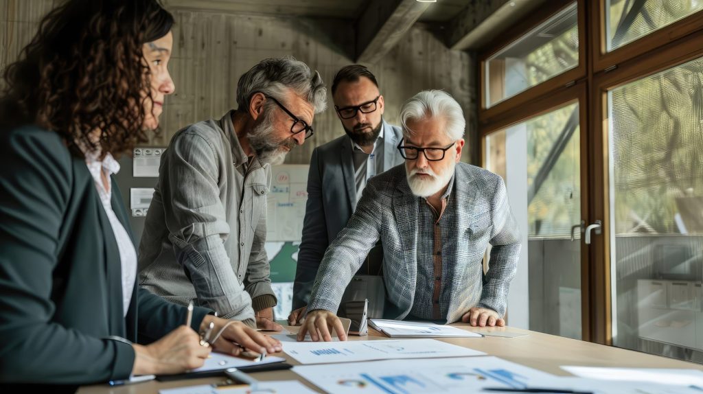 Sócios analisam documentos vitais para organizar o planejamento sucessório empresarial em ambiente corporativo moderno.