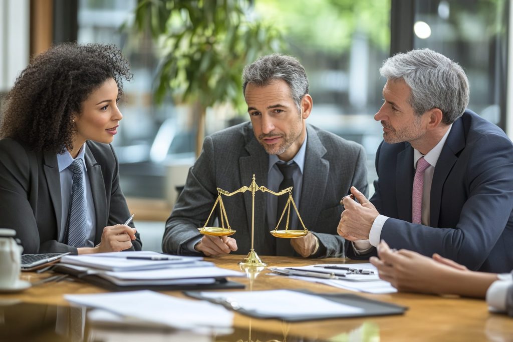 Advogados debatem termos legais em mesa, focando na reestruturação societária de seus clientes.