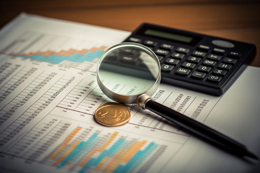 Calculadora e lupa sobre relatórios financeiros detalhados, ferramentas essenciais para realizar o planejamento fiscal.