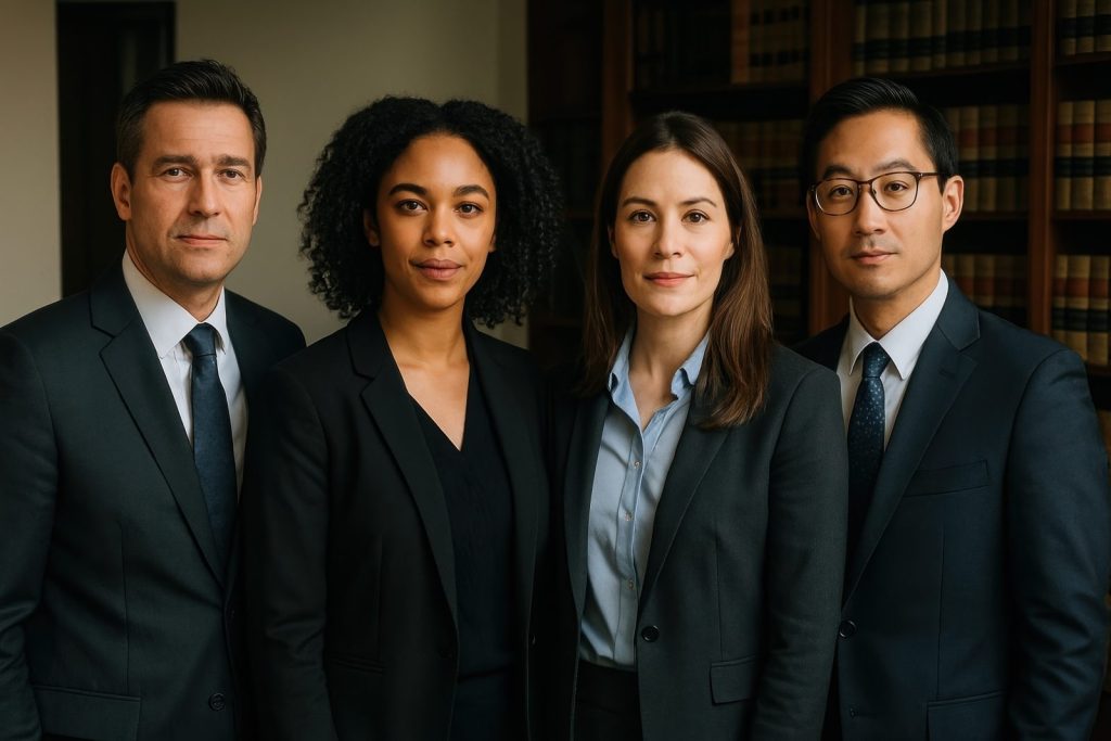 Grupo de advogados focado na terceirização do jurídico posa para foto, oferecendo soluções legais completas para o seu negócio