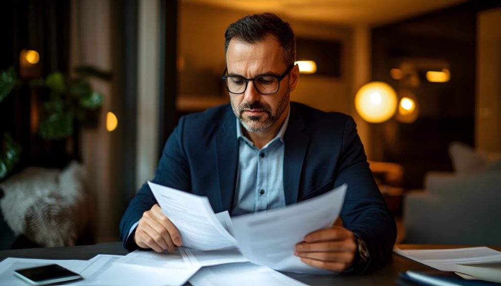 Homem analisa documentos com cuidado para evitar multas tributárias e autuações fiscais, protegendo sua empresa dos prejuízos.