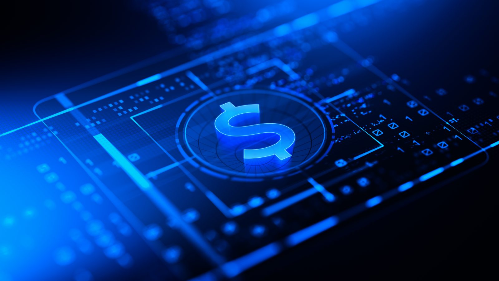 Símbolo monetário digital ilustrando tecnologia aplicada à revisão fiscal e gestão tributária empresarial.