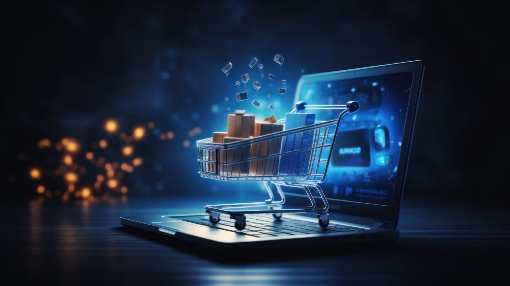 Carrinho de compras emergindo de notebook ilustra as obrigações de tributação no comércio eletrônico.