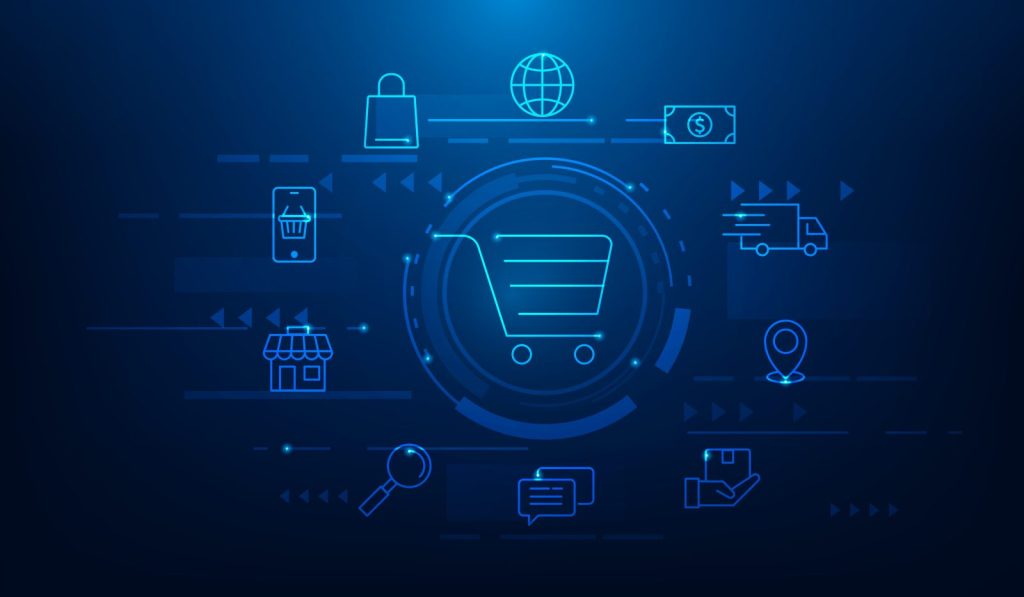Ecossistema digital de compras com ícones de loja, entrega e pagamento, representando a tributação no comércio eletrônico.