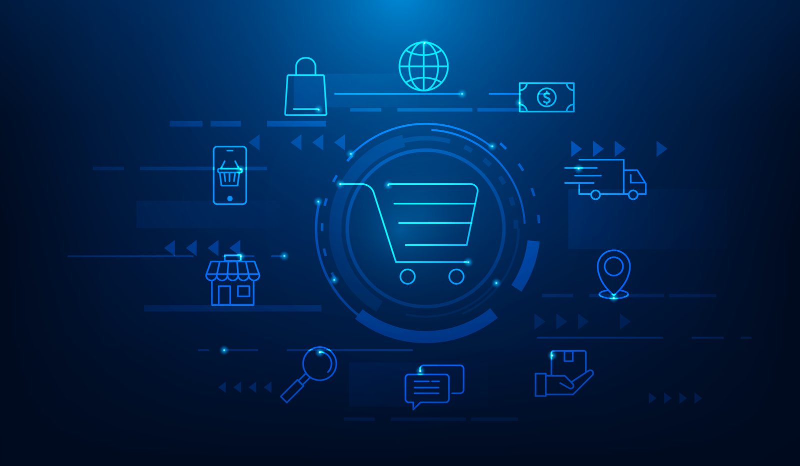 Ecossistema digital de compras com ícones de loja, entrega e pagamento, representando a tributação no comércio eletrônico.