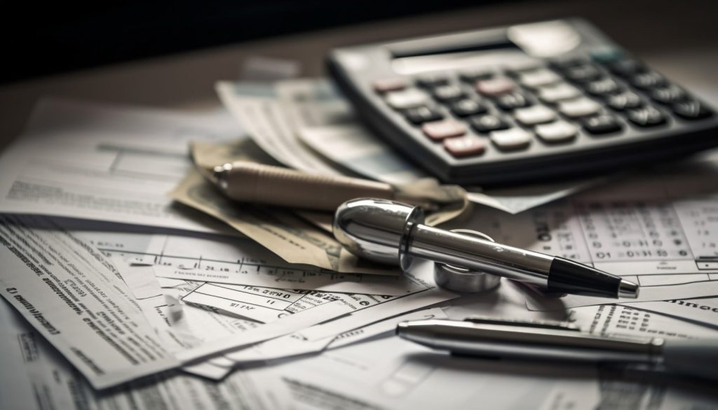 Canetas sobre uma pilha bagunçada de papéis financeiros com calculadora ao fundo para avaliar o passivo tributário.
